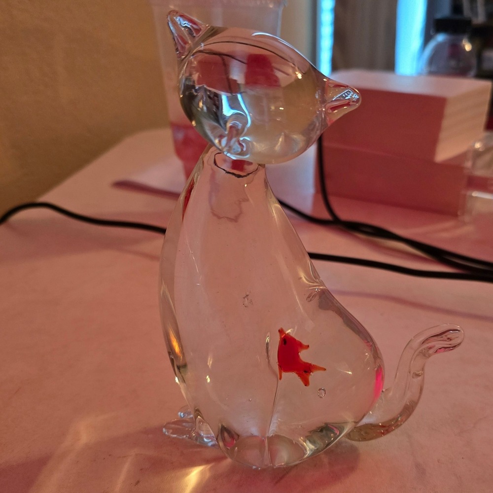 Vintage‎ Murano Style Art Glass Cat Figurine with Orange Fish in Belly Clear 5in